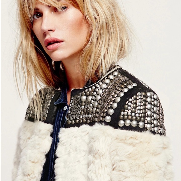 Lux Faux Fur Hand-Beaded Stud Embellished Jacket - Picture 4 of 8